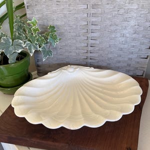 May include: A white, shell-shaped decorative dish. The dish has a scalloped edge and a textured surface. It is placed on a dark wooden board. The background includes a gray woven basket and a green potted plant.
