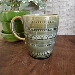 May include: A ceramic mug with a decorative pattern in shades of green and brown. The mug features horizontal bands with dotted and floral designs. A gold-toned handle curves from the top to the side of the mug. A green planter is in the background.