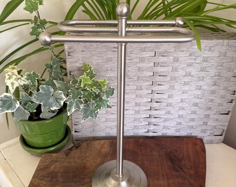 Vintage Style Brushed Nickel Hand Towel Holder Stand | Countertop | Spa or Retail Boutique | Double Bar w/ Knob Cap | Home Staging | Patina