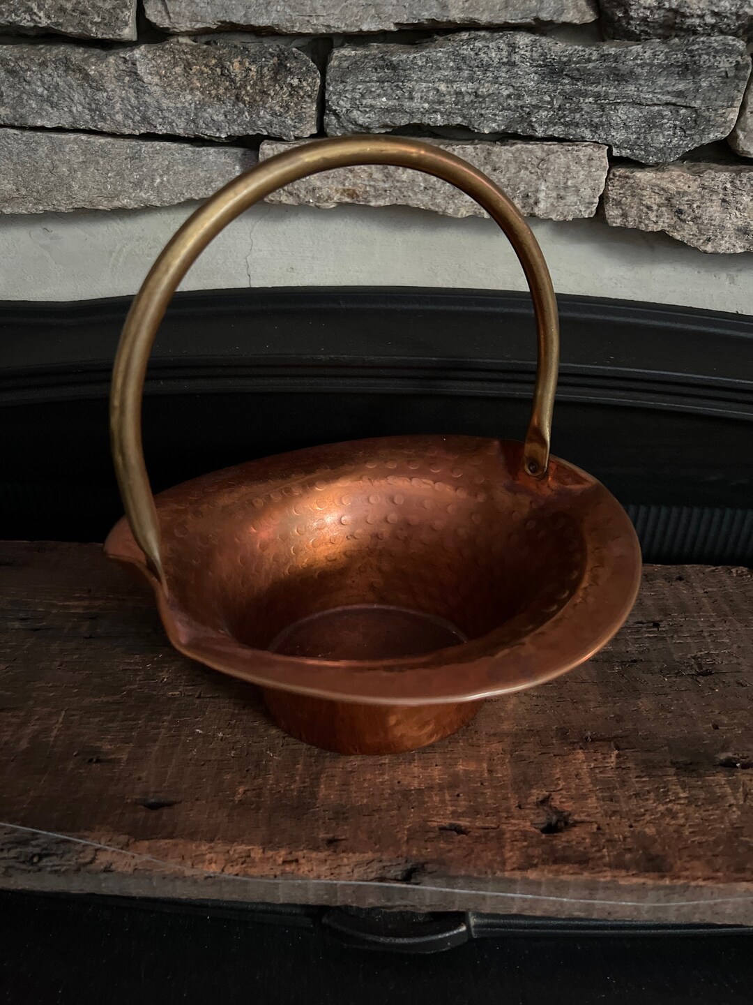 Vintage Hammered Copper Bowl With Brass Handle Catch All Planter