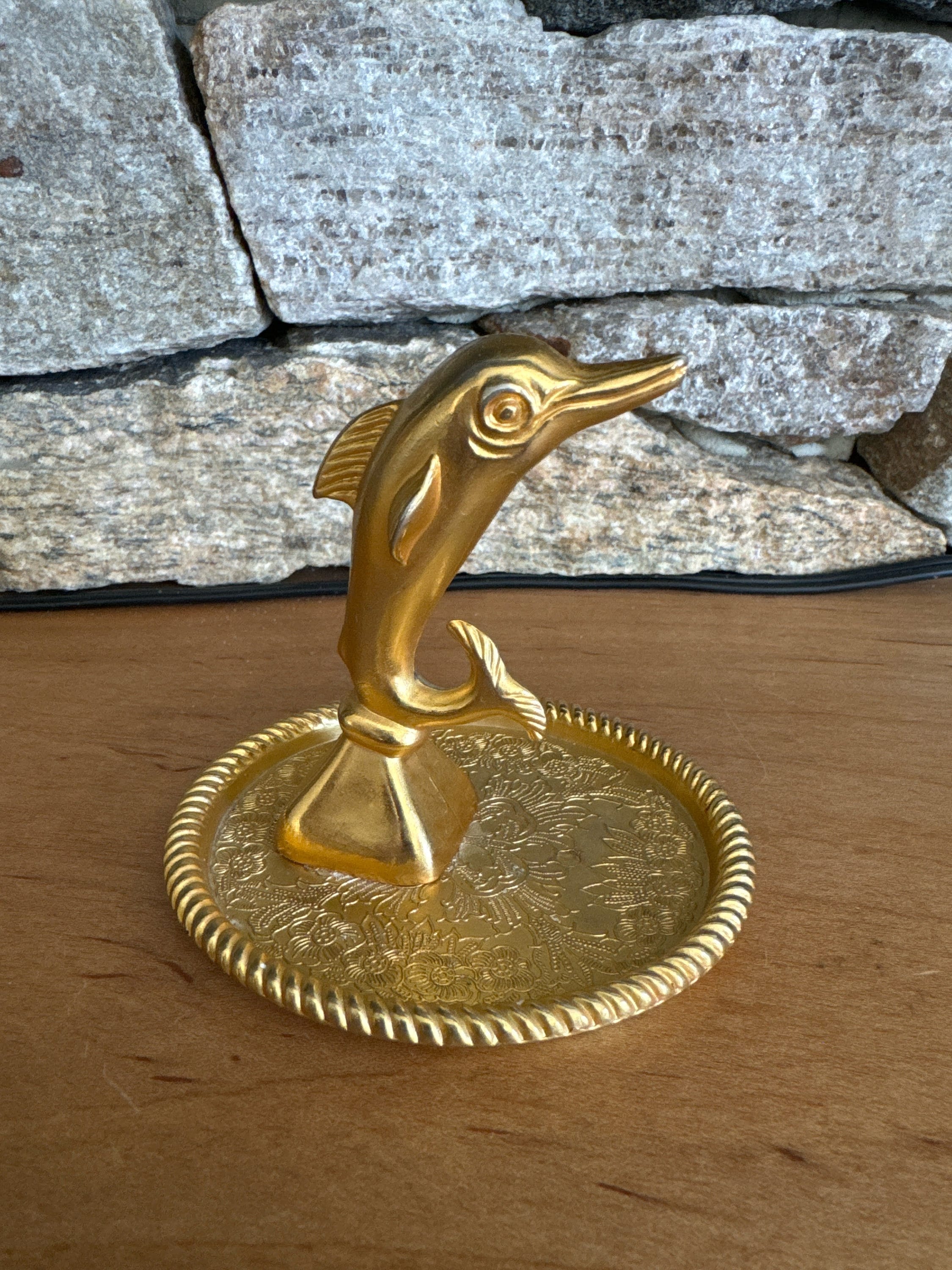 Prato de joias banhado a ouro vintage com golfinho | Decoração exclusiva | Porta-joias | Porta-anéis | Presente para o amante da praia