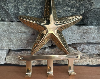 Brass Starfish Triple Wall Hook | Ocean Fun | Beach or Marina Decor | Pool House | Hat Key Towel Leash Holder | Retail Display | Nautical