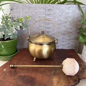 May include: A small, antique brass cauldron with a lid and handle, resting on three small feet. A matching brass spoon with a light pink, textured head lies beside it on a wooden surface. Decorative plants are in the background.