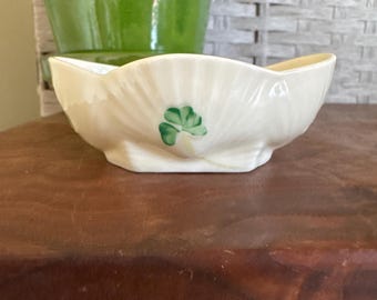 Vintage Irish Belleek Scalloped Sea Shell Bowl with Shamrocks | Open Salt Cellar | Elegant Gift | Irish Replacement Piece | Brown Mark