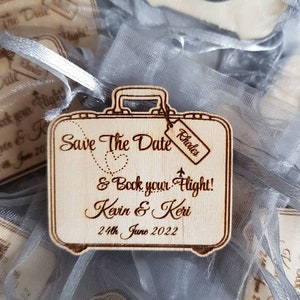 Suitcase Wedding Save The Date Wooden Magnets; Destination Save The Date; Destination Wedding Announcement; Abroad Wedding Favours; Luggage