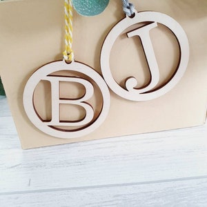 Custom Gift Tags, Initial Gift Tags, Wooden Gift Decor, Hanging Round Tag, Letter Ornament, Favour Tags, Personalised Gift Tags, Wood Letter image 2