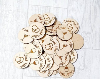 Drink Tokens, Wooden Drink Tokens, Wedding favours, 45mm birch wooden tokens, party favours,