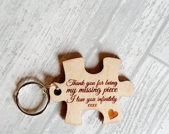 Engraved Birch Jigsaw Puzzle Piece Keyring: Valentine's Gift