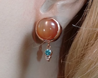 Peach Moonstone, Blue Zircon and Diamond Earrings Handmade in Rose Gold