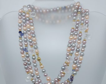 Pastel Pearl and Gem Wrap Necklace 63" "Cotton Candy Wrap"
