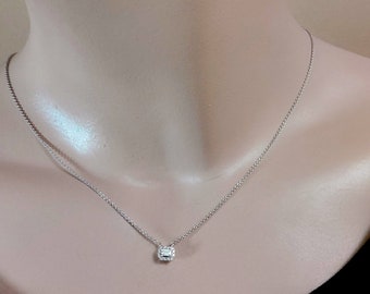 Tiny Emerald Cut Diamond Halo Necklace