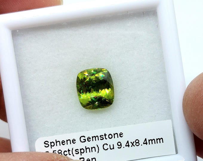 Featured listing image: Beautiful Green Sphene from Madagascar Cushion 3.58ct.