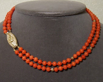 Italian Coral Bead Double Strand Choker Necklace with Diamond Floral Clasp