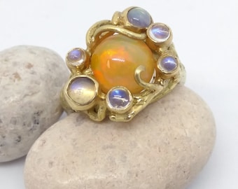 Opal and Rainbow Moonstone "Seascape" Ring