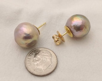 Iridescent "Ripple" Pearl Stud Earrings 14mm Natural Fancy Color