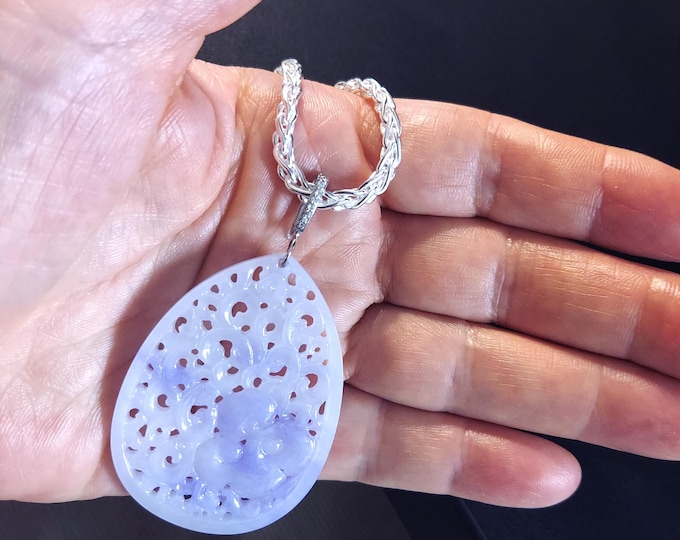 Featured listing image: Large Carved Lavender Jade Teardrop Pendant with Diamond Enhancer Bail