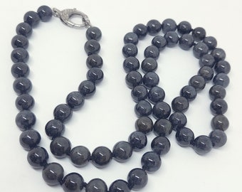 Natural Black/Gray Jadeite Jade Bead Necklace with Rustic Diamond Clasp