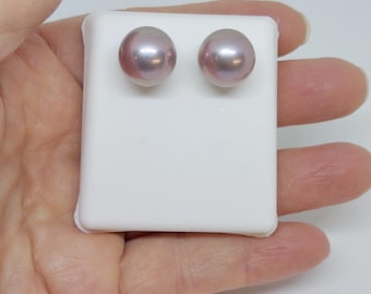 Bright Purple 12+mm Natural Color Freshwater "Edison" Pearl Studs in 14K White Gold