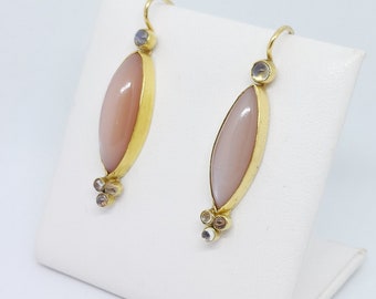 Handmade Salmon Pink and Rainbow Moonstone Drop Earrings