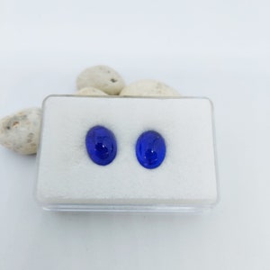 Puede incluir: Dos piedras preciosas ovaladas de color azul oscuro en una caja de presentaci&oacute;n blanca forrada de espuma.