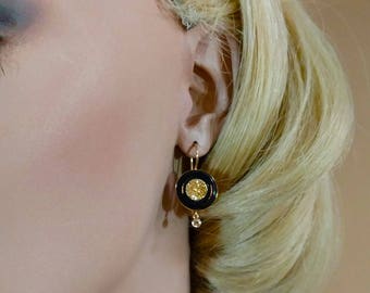 Gold and Onyx Druzy "Donut" Drop Earrings with Fancy Diamond Dangles