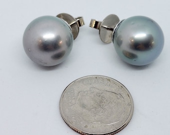 Silver Blue 12.5mm Tahitian Cultured Pearl Stud Earrings