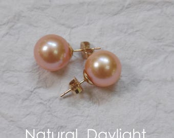 Natural Peach Color 12mm Freshwater Pearl Stud Earrings