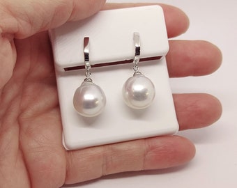 Simple South Seas Pearl Drop Earrings with 14K White Gold Russian/Euro Backs