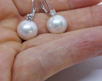 Classic Euro Style Pearl and Diamond Drop Earrings