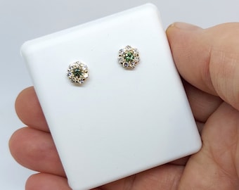 Tiny Brazilian Alexandrite and Diamond Halo Studs- Strong Color Change