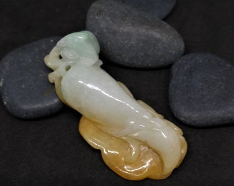 Vintage Jadeite Carved Pendant with Radish, Rat, Bat and Lucky Fungus and 14K Enhancer Bale