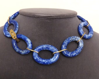 Big Lapis Link Statement Necklace 22K Handmade Diamond and Sapphire Accents