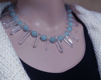 Polished Quartz Crystal and Aquamarine Bead Fringe Necklace