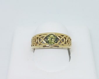 Hand Engraved Celtic Weave Ring with Green Sapphire (No Heat) and Champagne Diamond Accents in 14K