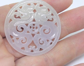 Large Dragon Carved White and Lavender Jadeite Pendant Disc