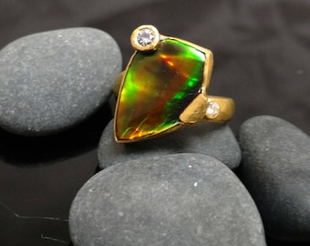 Ammolite Diamond Ring Handmade in 22K Gold