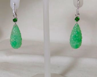 Flower Carved Green Burmese Jadeite and Diamond Drop Earrings with Tsavorite Garnet (Convertible)