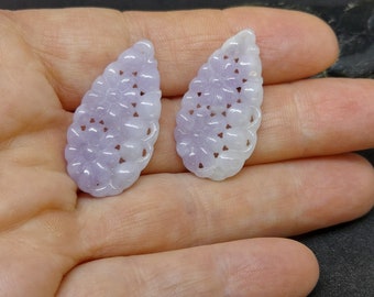 Pair of Floral Carved Lavender Burmese Jadite Drops- Untreated