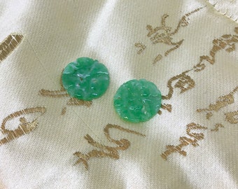 Pair of Floral Carved Green Burmese Jadeite Discs for Custom Earrings