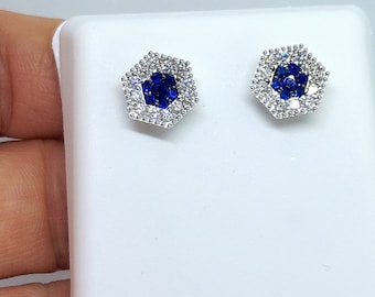 Hexagonal Sapphire and 18K White Gold Diamond Halo Stud Earrings- Fine Quality!