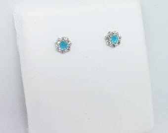 Tiny Paraiba Tourmaline and Diamond Halo Stud Earrings