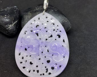 Large Carved Lavender Jade Teardrop Pendant with Diamond Enhancer Bail