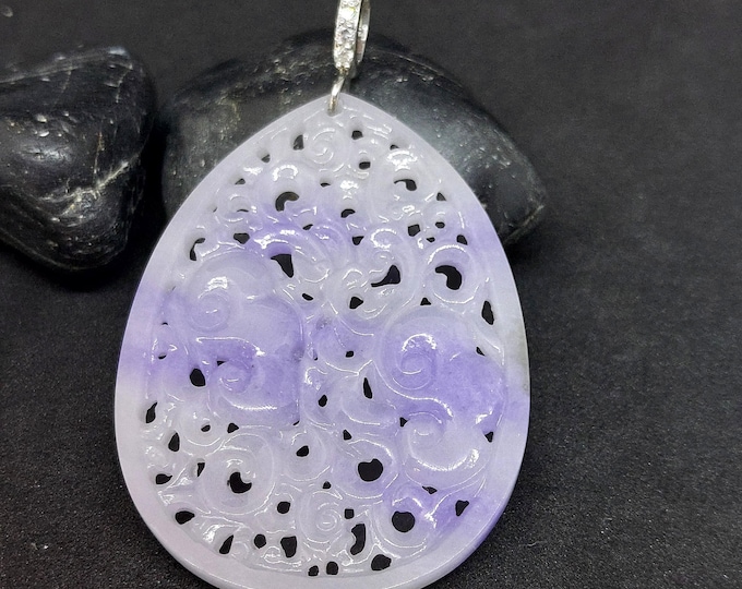 Featured listing image: Large Carved Lavender Jade Teardrop Pendant with Diamond Enhancer Bail
