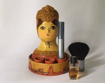 mod vintage papier mache woman lipstick make up caddy, modern flower power boho fashion, Gemma Taccogna style groovy vanity decor, girl gift