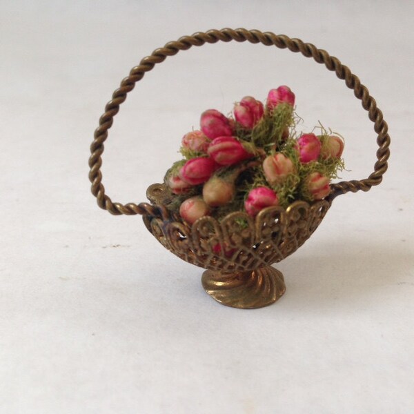 vintage French flower basket pin, a child's gift to his mother