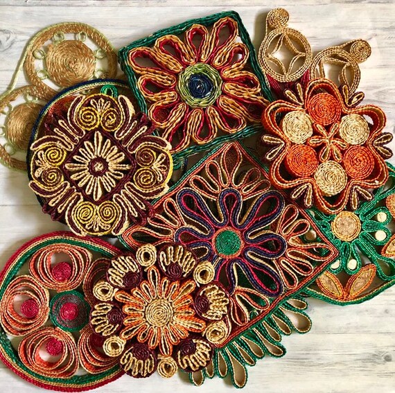colorful rattan trivet sets, vintage boho style wall decor or table mats, round and square sets available