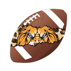 May include: A brown and white football with a tiger face and leopard print design.