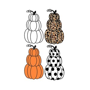 May include: Four stacked pumpkins in different patterns. The pumpkins are white, orange, leopard print, and black and white polka dot.