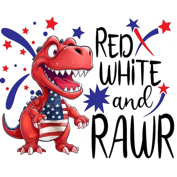 Amerikaanse vlag PNG, dinosaurus PNG, Kids 4 juli PNG, patriottische PNG voor jongens, rood wit en Rawr shirt design, sublimatie ontwerpen downloads