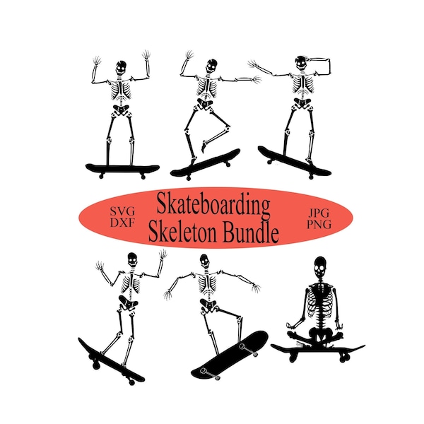 Skateboarding Skeletons SVG, Skeleton on skateboard SVG, Halloween SVG, Set of 6, Halloween Skeletons, Skateboard skeleton